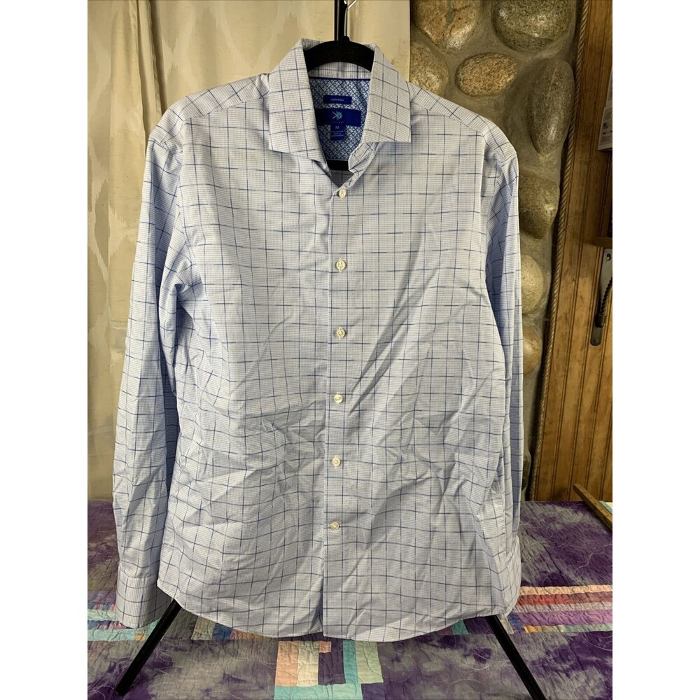 Egara Plaid Shirt Mens Medium Long Sleeve Button Up Blue Flip Cuff Non Iron